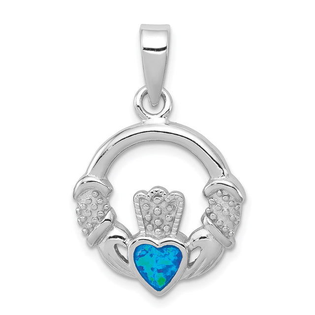 Sterling Silver Claddagh Pendant with Lab Created Blue Opal Heart, Celtic Irish Symbol
