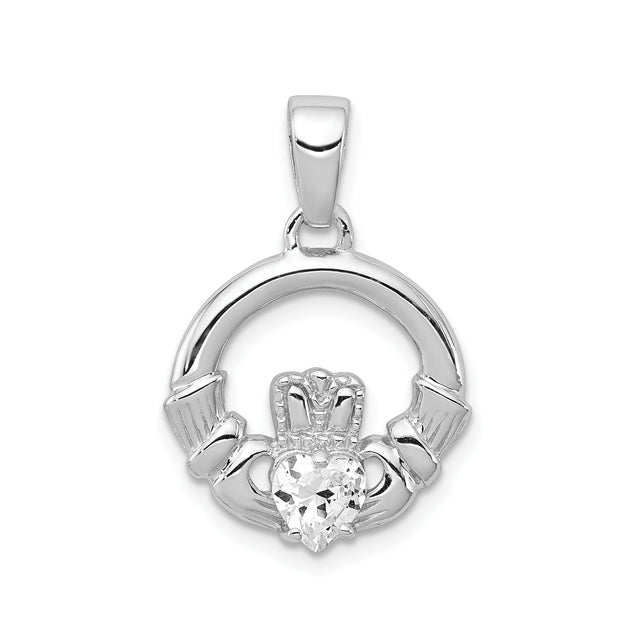 Sterling Silver Claddagh Pendant with Cubic Zirconia, Irish Celtic Heart Crown Hands Design