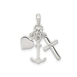 Sterling Silver Cross Pendant with Anchor and Heart Charms, Religious Symbol of Faith and Devotion