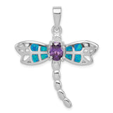 Sterling Silver Dragonfly Pendant with Blue Opal Wings and Amethyst Center, Nature Inspired Jewelry