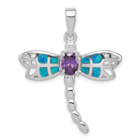 Sterling Silver Dragonfly Pendant with Blue Opal Wings and Amethyst Center, Nature Inspired Jewelry