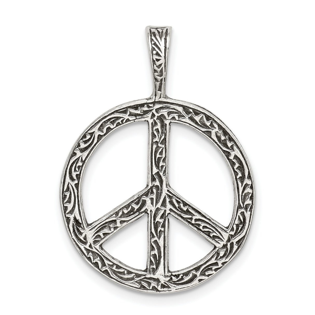 Sterling Silver Peace Sign Pendant with Vine Detailing, Boho Artisan Style