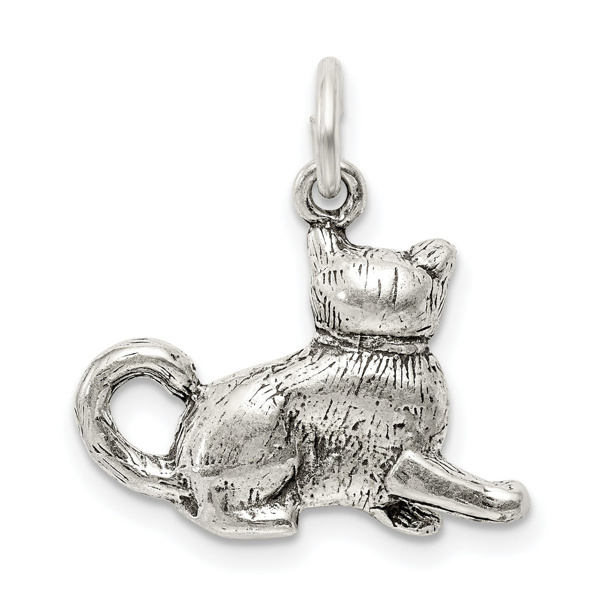 Antiqued Cat Charm Pendant in Real 925 Sterling Silver