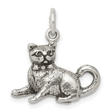 Antiqued Cat Charm Pendant in Real 925 Sterling Silver