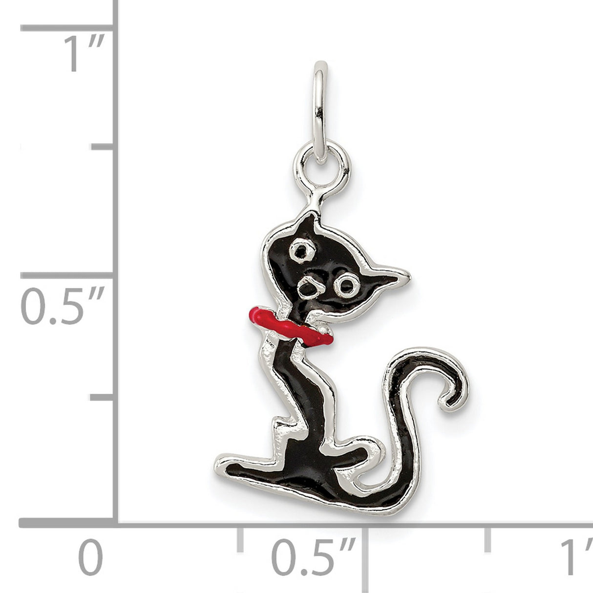 Black Enameled Cat Charm Pendant in Real 925 Sterling Silver