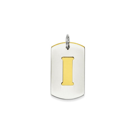 Sterling Silver Dog Tag Pendant with Gold Accent Cutout Letter I, Unisex Modern Design