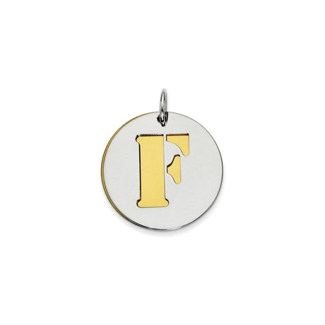 Sterling Silver Round Pendant with Gold Plated Cutout Letter F, Dainty Alphabet Charm