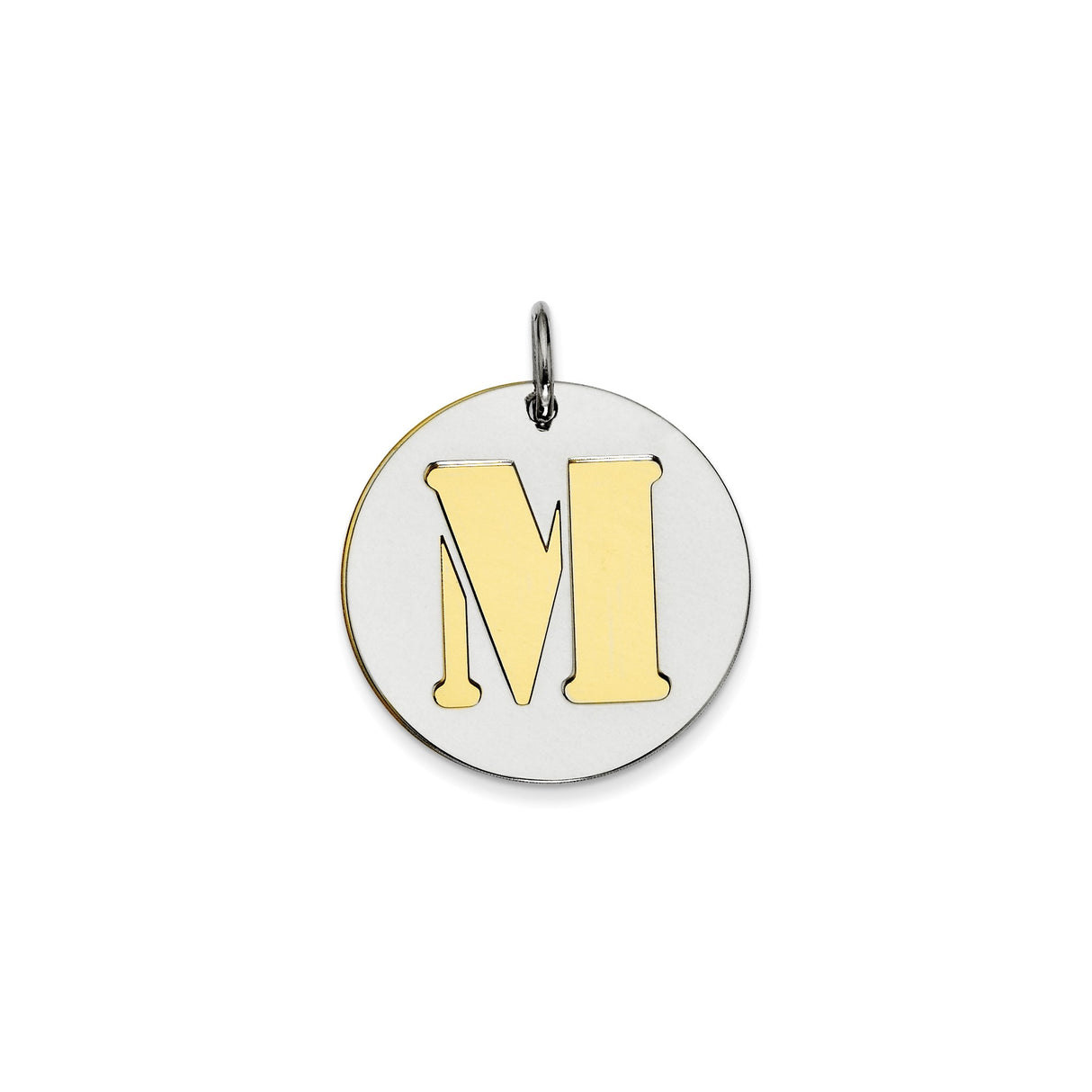 Sterling Silver Round Pendant with Gold-Plated M Letter Cutout, Dainty Alphabet Charm for Women