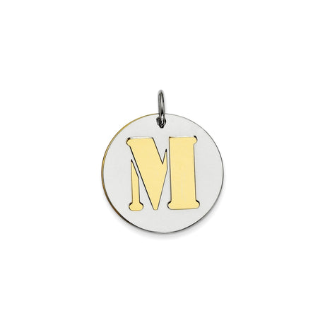 Sterling Silver Round Pendant with Gold-Plated M Letter Cutout, Dainty Alphabet Charm for Women