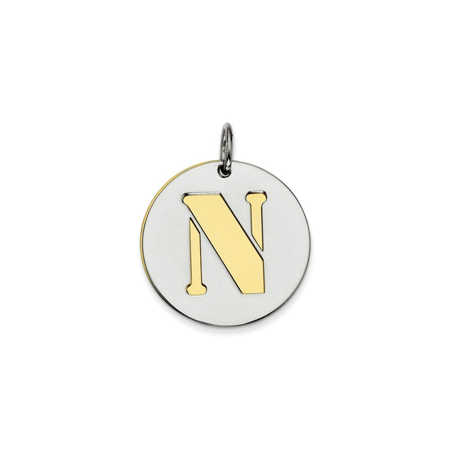 Sterling Silver Initial N Pendant with Gold Plated Accent, Round Disc Letter Charm
