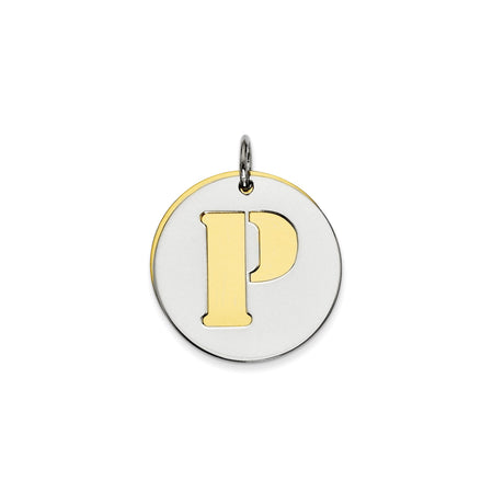 Sterling Silver Round Pendant with Gold-Tone Cutout Letter P, Modern Monogram Charm