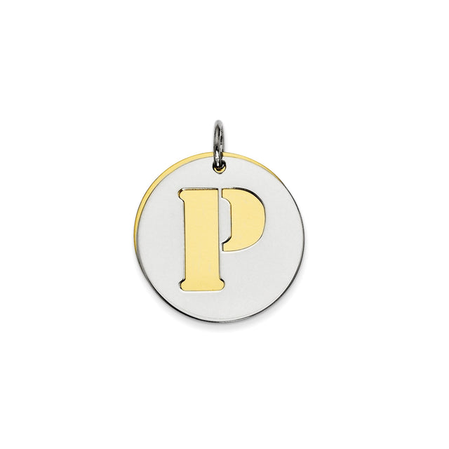 Sterling Silver Round Pendant with Gold-Tone Cutout Letter P, Modern Monogram Charm