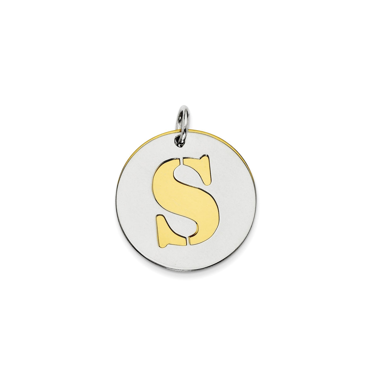 Sterling Silver Round Pendant with Gold-Tone Cutout Letter S, Minimalist Monogram Charm