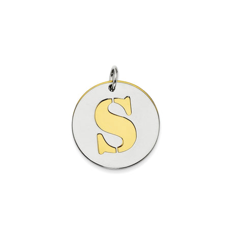 Sterling Silver Round Pendant with Gold-Tone Cutout Letter S, Minimalist Monogram Charm