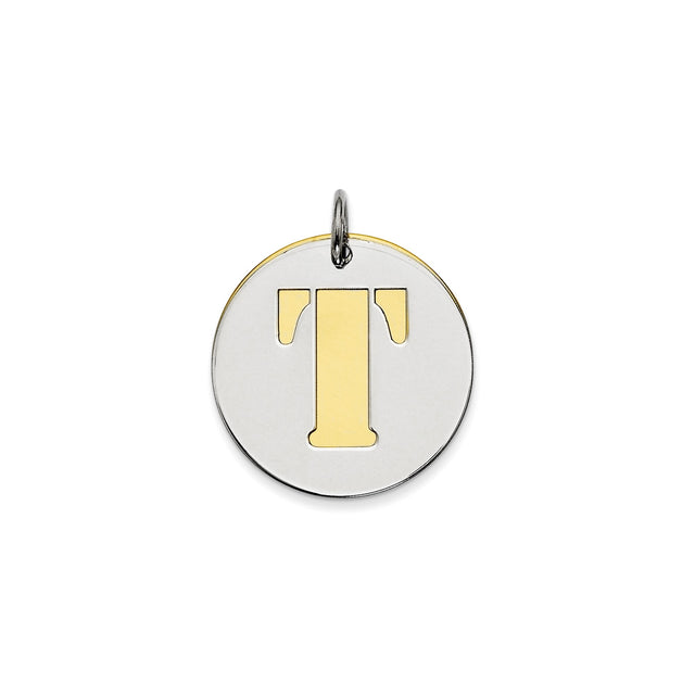 Sterling Silver Pendant with Two-Tone Gold Accent, Letter T Monogram, Modern Unisex Design