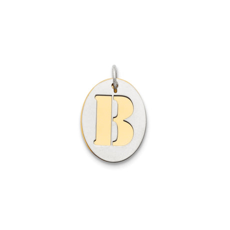 Sterling Silver Oval Pendant with Raised Gold-Tone Letter B, Unisex Initial Charm