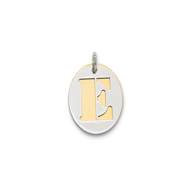 Sterling Silver Oval Pendant with Cutout Design and Gold Plated Letter E
