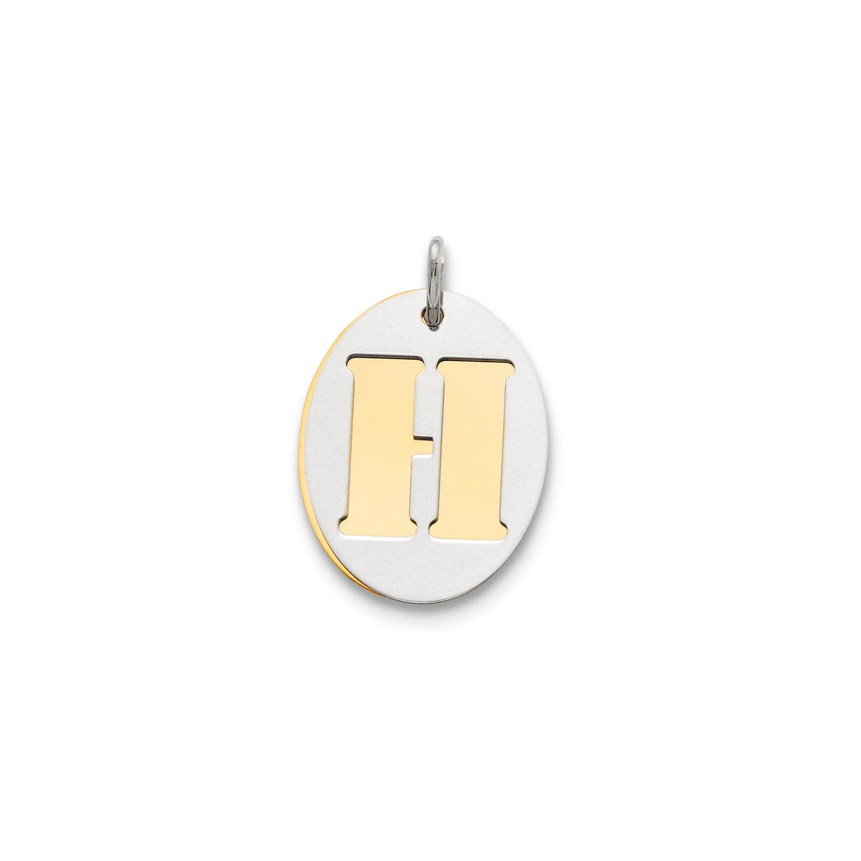 Sterling Silver Oval Pendant with Cutout Letter H, Gold Accented, Minimalist Unisex Style
