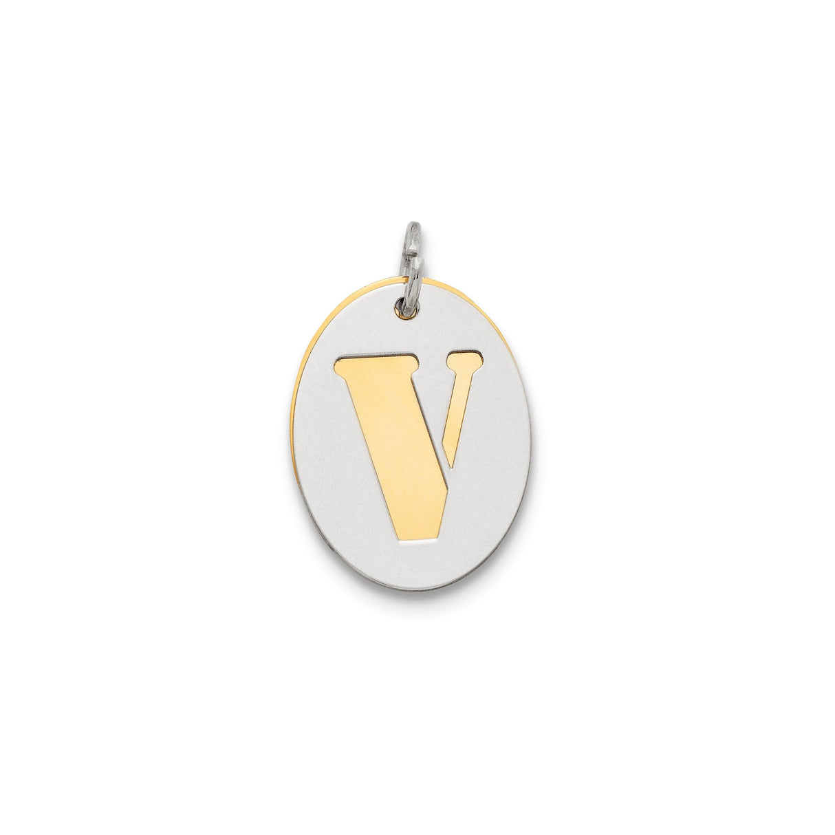 Sterling Silver Oval Pendant with Cutout Letter V and Gold Tone Insert