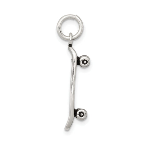 Sterling Silver Skateboard Pendant Charm with Woodgrain Texture and Screw Detail, Unisex Skater Jewelry