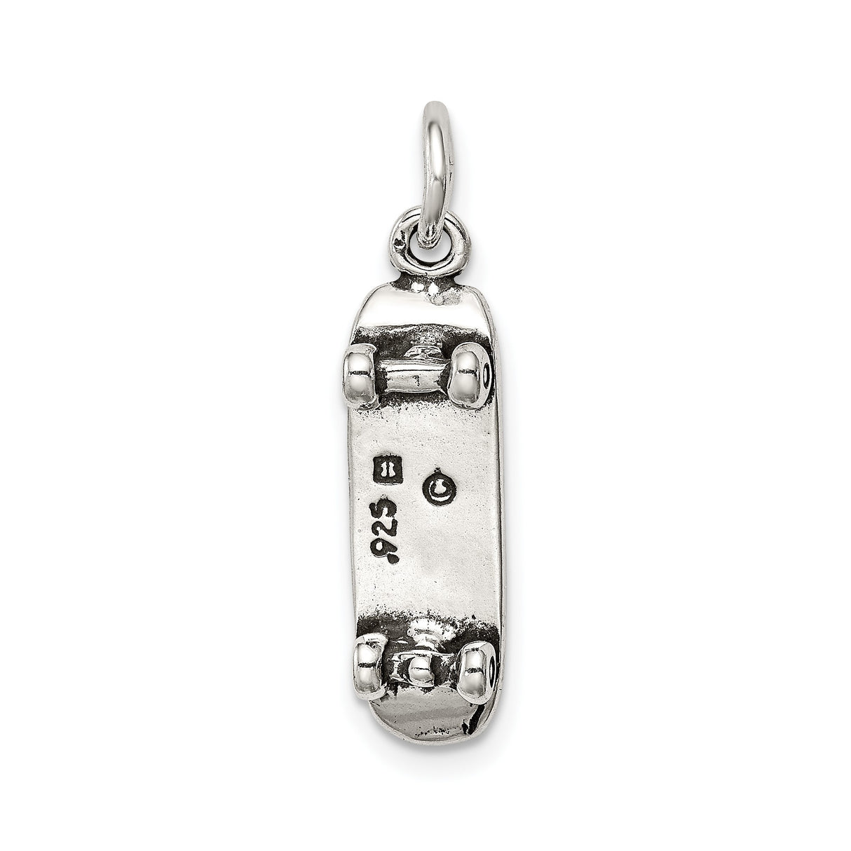 Sterling Silver Skateboard Pendant Charm with Woodgrain Texture and Screw Detail, Unisex Skater Jewelry