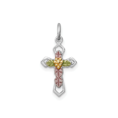 Sterling Silver Cross Pendant with Epoxy, Rose Gold Tone Grape and Leaf Motif, Nature Inspired Religious Design