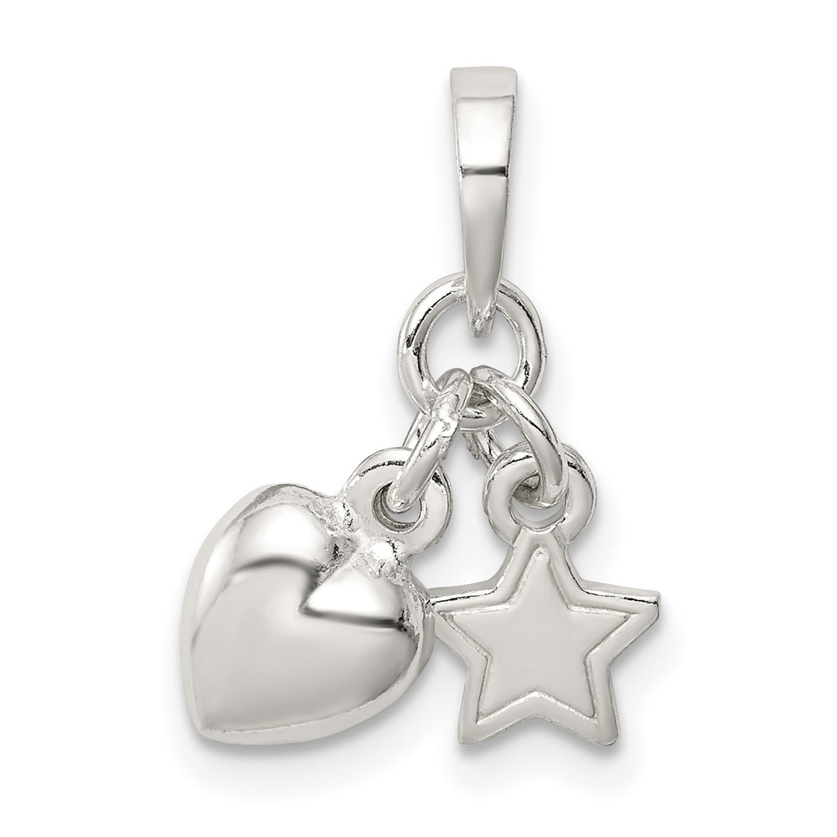 Sterling Silver Heart and Star Charm Pendant with Polished and Open Design
