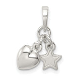 Sterling Silver Heart and Star Charm Pendant with Polished and Open Design