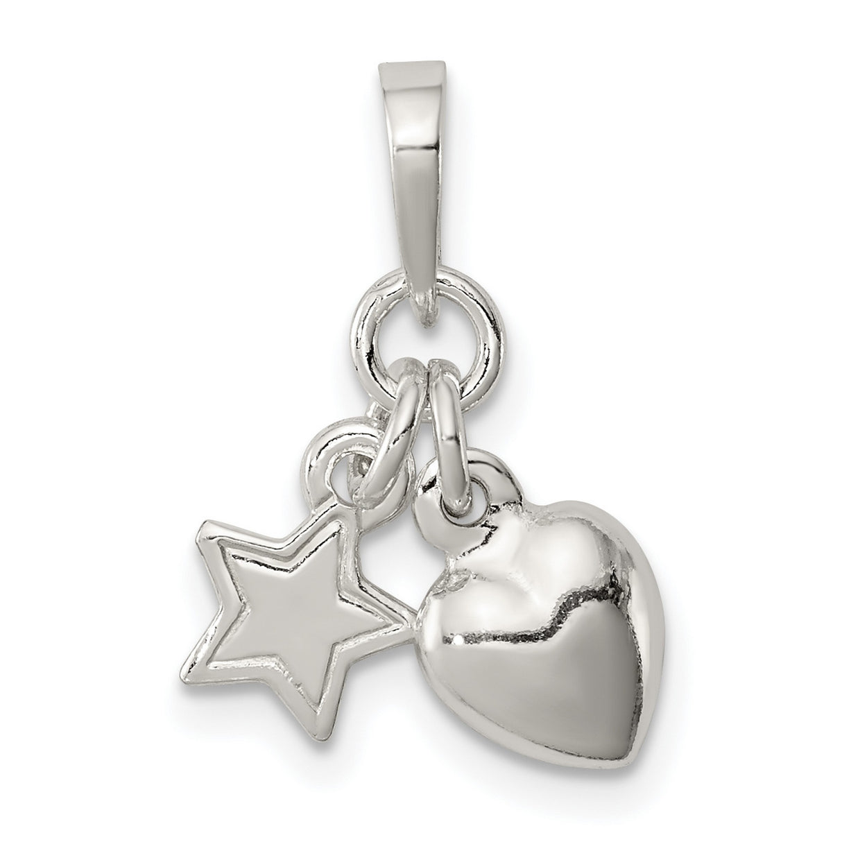 Sterling Silver Heart and Star Charm Pendant with Polished and Open Design