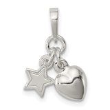 Sterling Silver Heart and Star Charm Pendant with Polished and Open Design