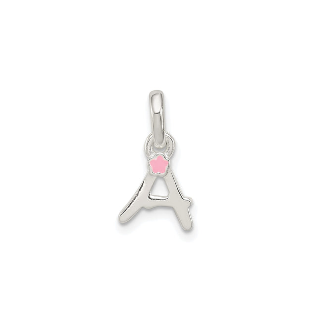 Sterling Silver Initial Pendant with Pink Enamel Flower Accent, Letter A Charm for Women or Girls