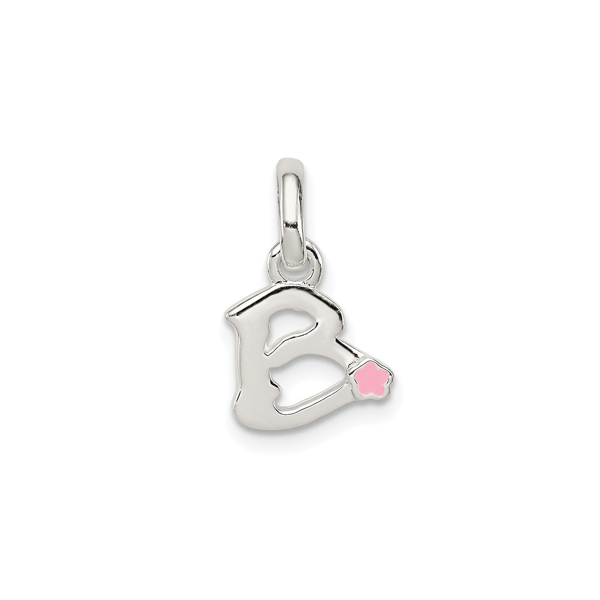 Sterling Silver Initial B Pendant Charm with Pink Enamel Flower Accent