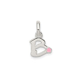 Sterling Silver Initial B Pendant Charm with Pink Enamel Flower Accent
