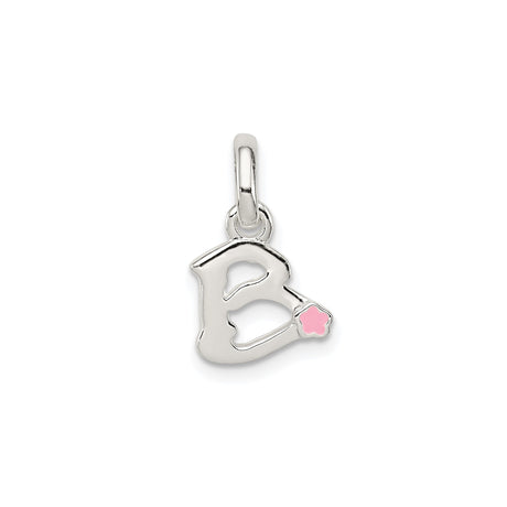 Sterling Silver Initial B Pendant Charm with Pink Enamel Flower Accent