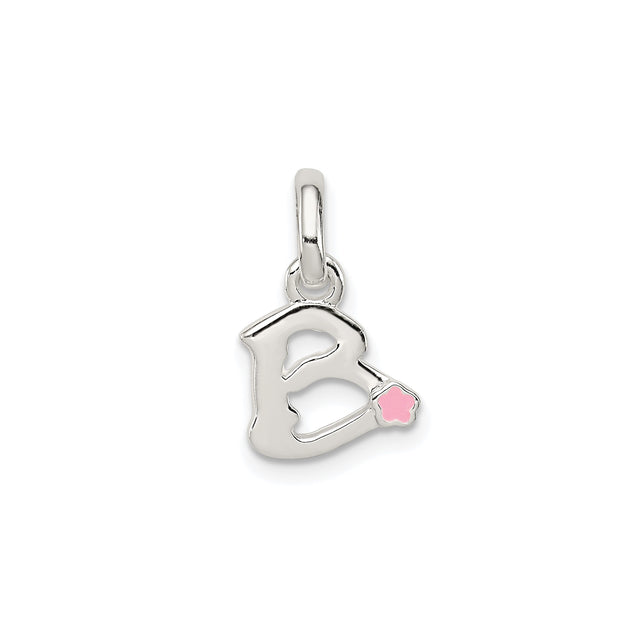 Sterling Silver Initial B Pendant Charm with Pink Enamel Flower Accent