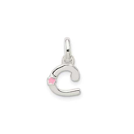 Sterling Silver Letter C Pendant with Pink Flower Accent, Dainty Alphabet Charm for Women or Girls