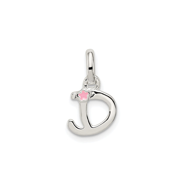 Sterling Silver Letter D Pendant Charm with Pink Enamel Flower Accent, Feminine Monogram Jewelry