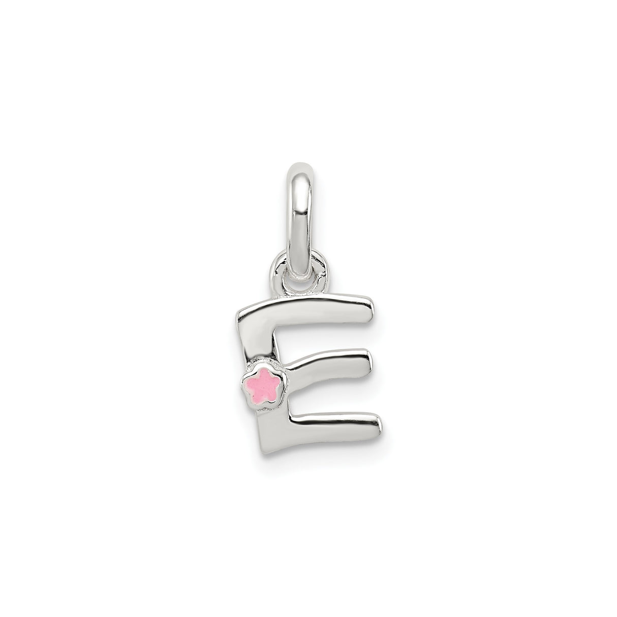 Sterling Silver Initial E Pendant with Pink Enamel Flower, Floral Letter Charm for Girls or Women