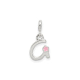 Sterling Silver Initial A Charm Pendant with Pink Enamel Flower Accent for Women and Girls