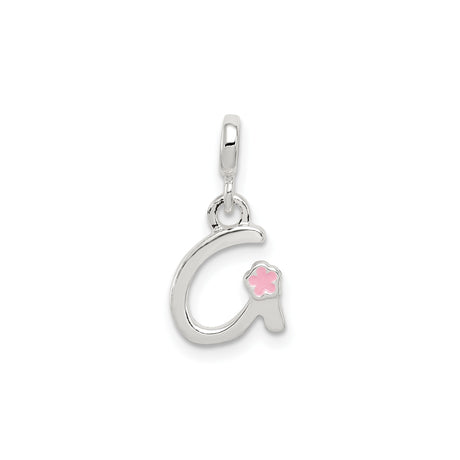 Sterling Silver Initial A Charm Pendant with Pink Enamel Flower Accent for Women and Girls