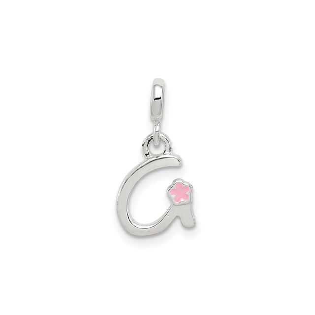 Sterling Silver Initial A Charm Pendant with Pink Enamel Flower Accent for Women and Girls