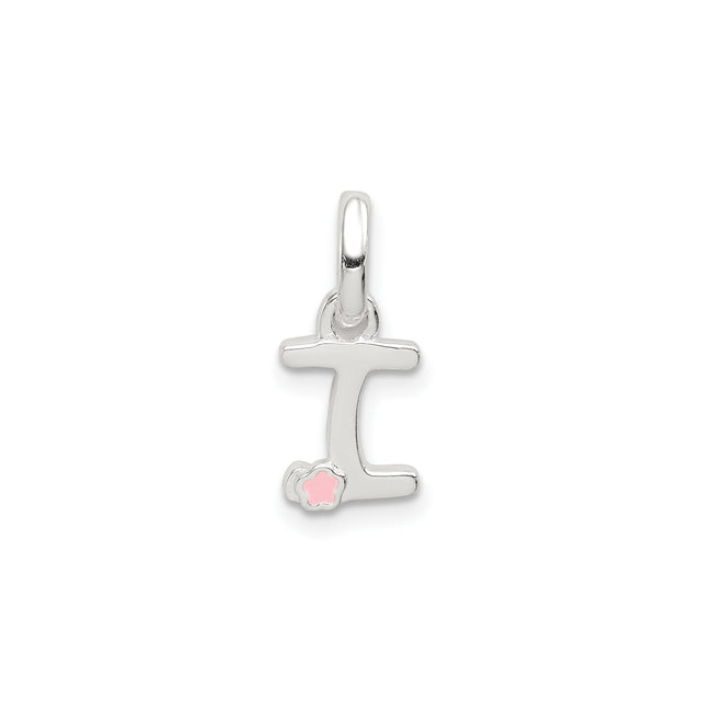 Sterling Silver Letter I Pendant with Pink Enamel Flower, Script Initial Charm for Women