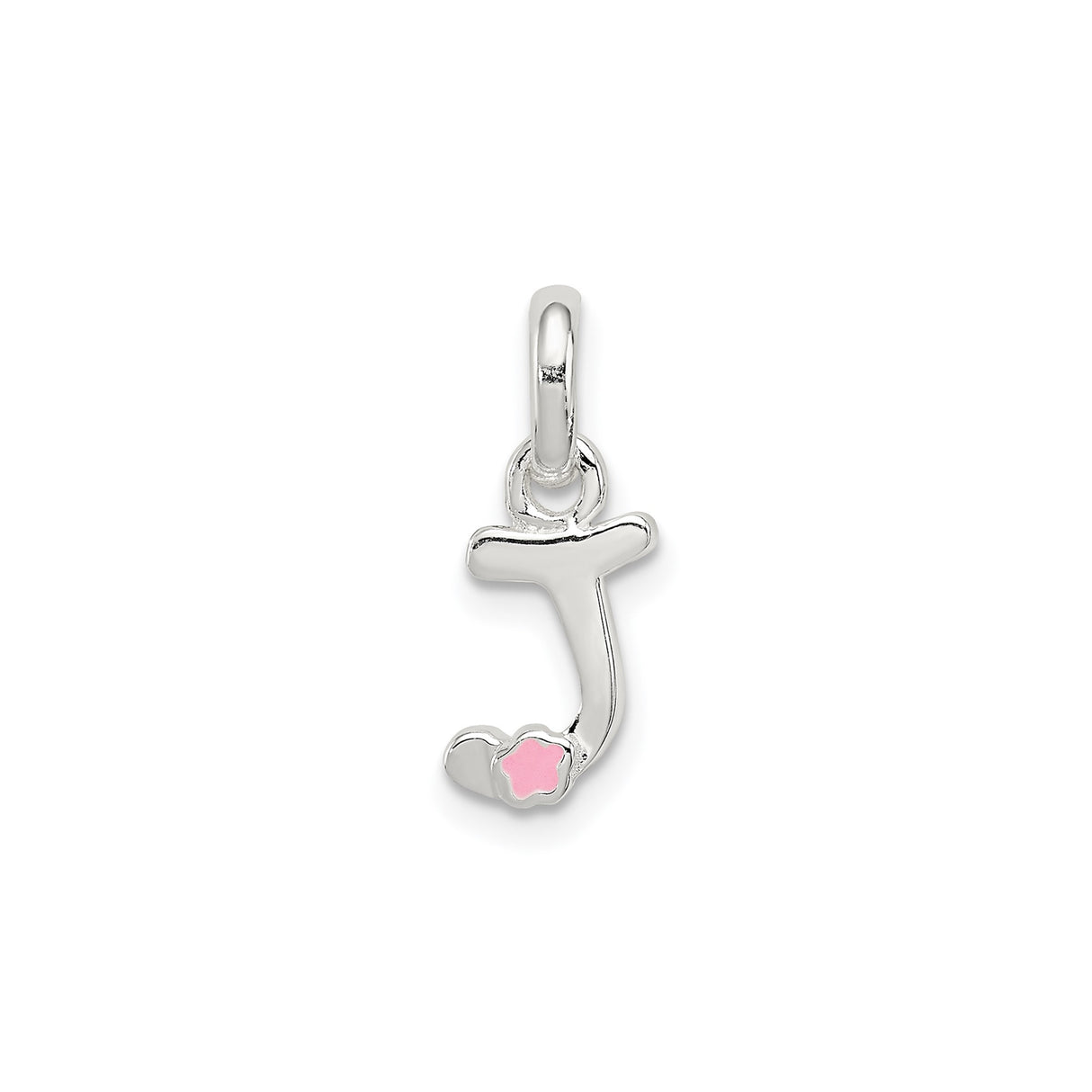 Sterling Silver Initial J Pendant with Pink Enamel Flower Accent, Monogram Charm for Girls