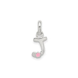 Sterling Silver Initial J Pendant with Pink Enamel Flower Accent, Monogram Charm for Girls