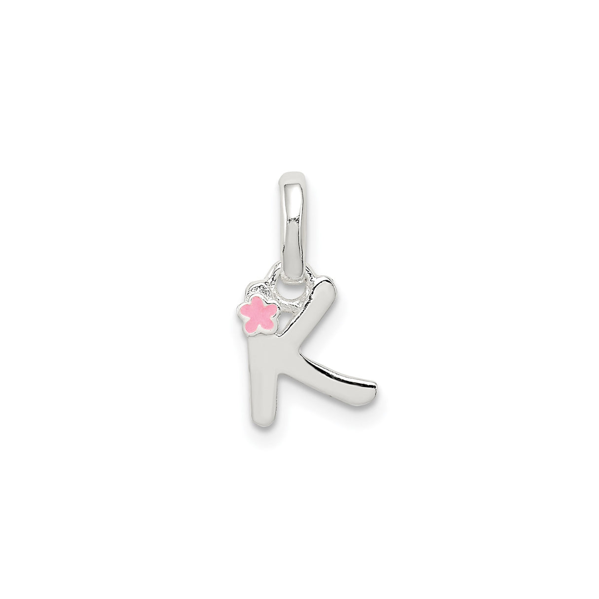 Sterling Silver Initial K Pendant with Pink Enamel Flower, Script Style for Women or Girls