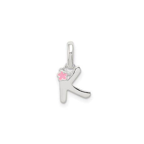 Sterling Silver Initial K Pendant with Pink Enamel Flower, Script Style for Women or Girls