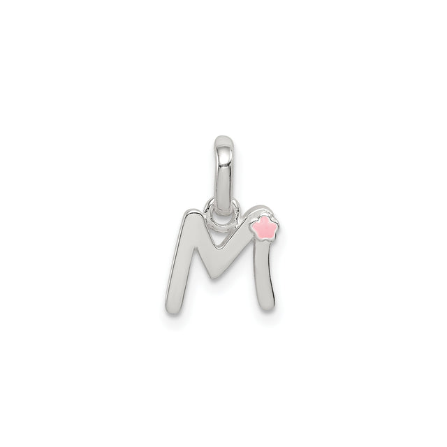 Sterling Silver Letter M Pendant with Pink Enamel Flower Accent, Script Initial Charm