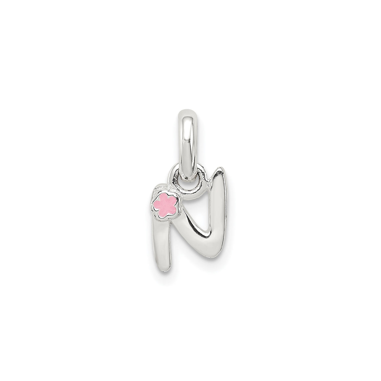 Sterling Silver Letter N Pendant with Pink Enamel Flower, Floral Initial Charm for Women