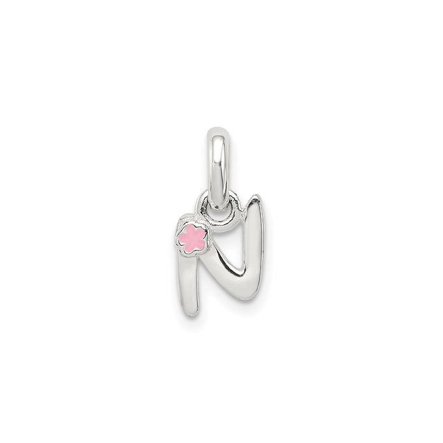 Sterling Silver Letter N Pendant with Pink Enamel Flower, Floral Initial Charm for Women