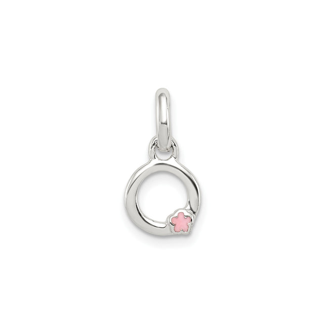 Sterling Silver Charm Pendant with Pink Enamel Flower, Open Circle Design